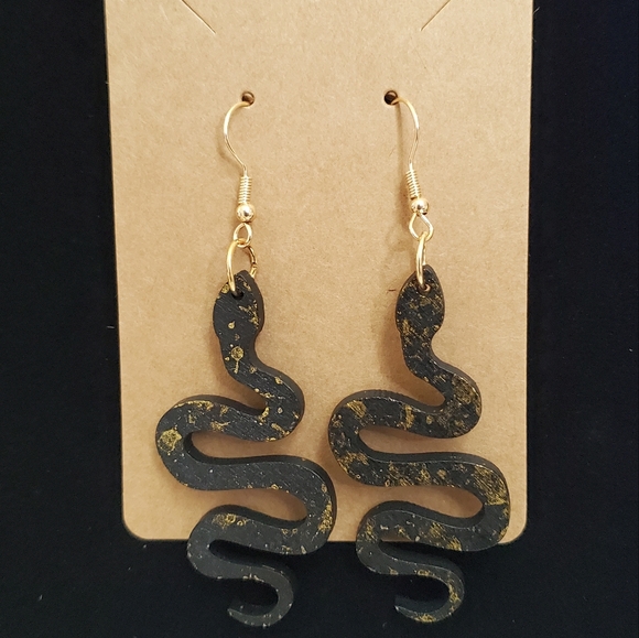 Snake Earrings Lightweight Black Gold Dangle - Picture 4 of 6